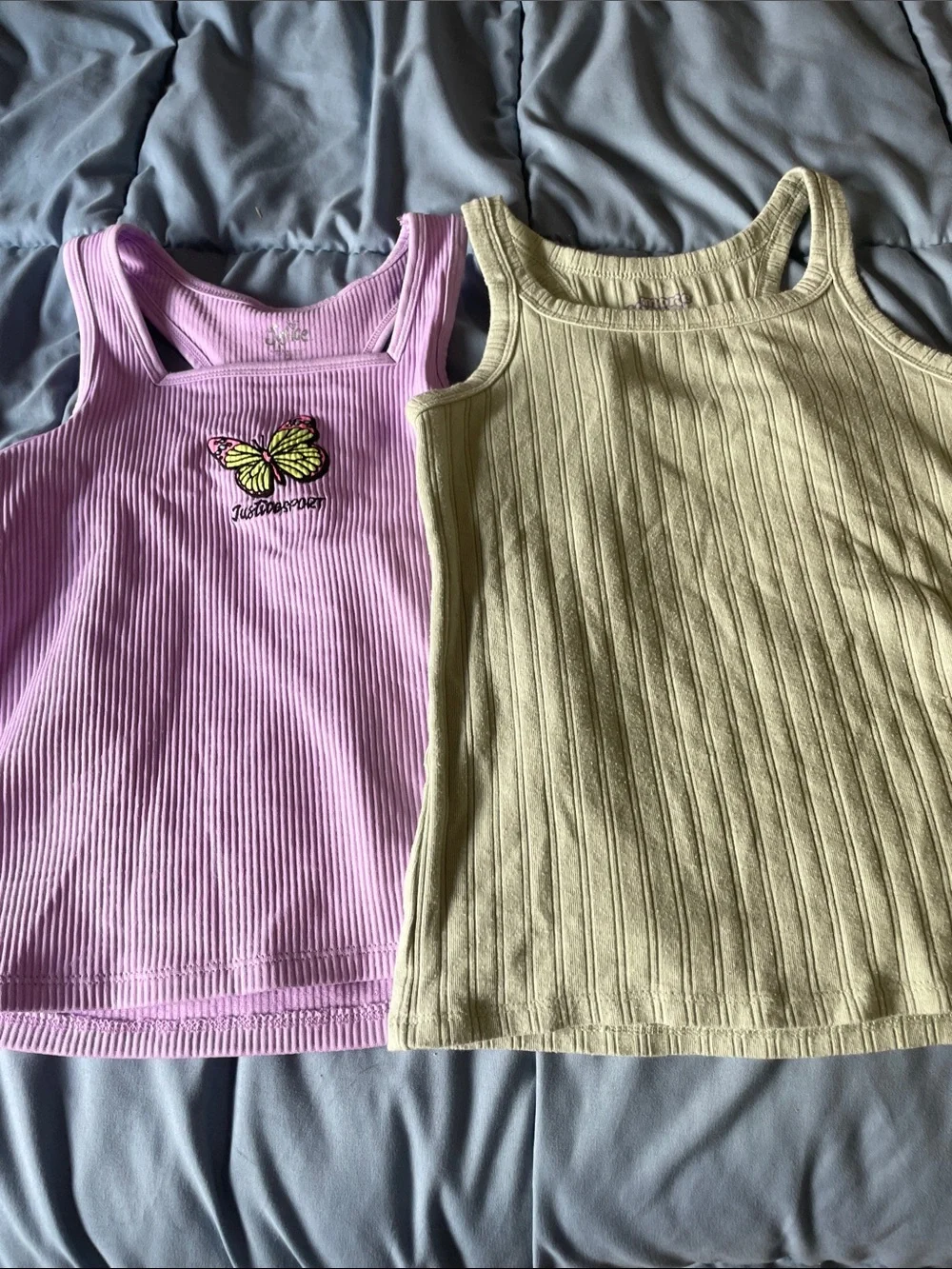 Justice Girls Ribbed Tank Tops in Lavender and Pale Green with Butterfly Accent